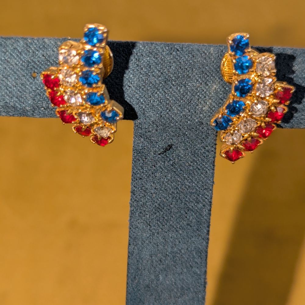 Gold Earrings with Red, Blue, and Silver Crystals